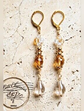 Genuine Citrine In Handwoven Handmade Artisan Long Drop Gold Plated Earrings